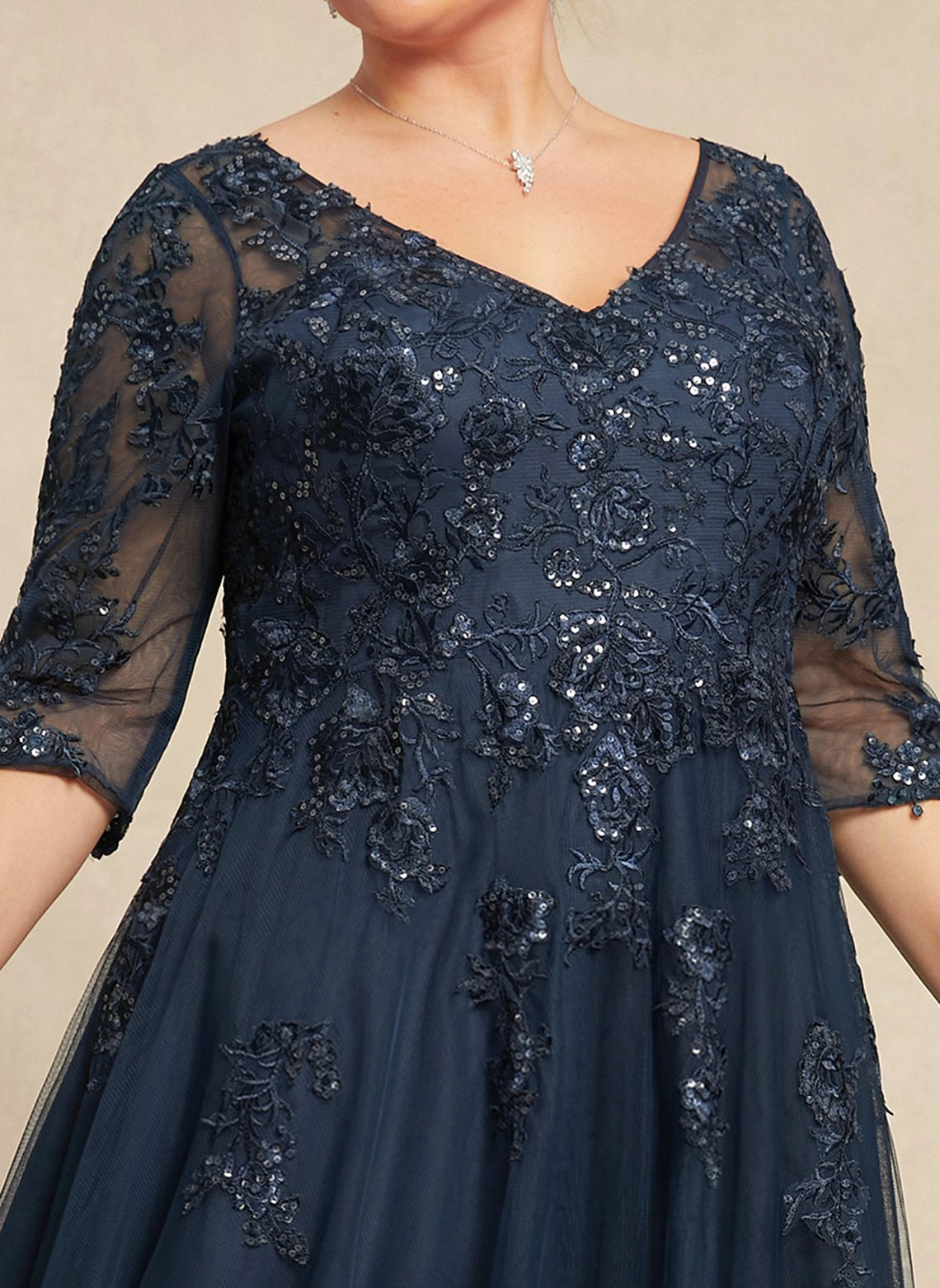 Luxurious A-line V-Neck 3/4 Sleeve Lace-Back Maxi plus size Mother Of Bride Dress
