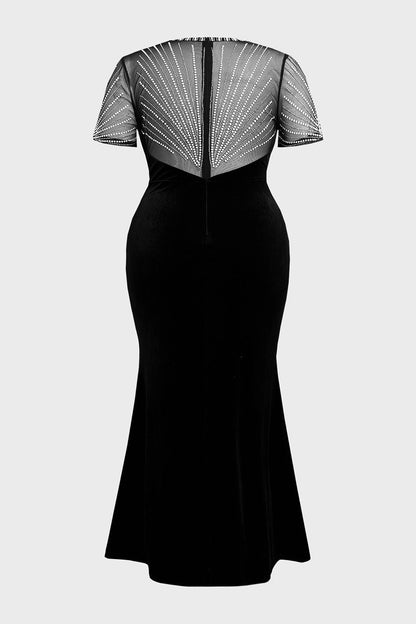 Plus Size Black Mermaid Keyhole‑Neck Short‑Sleeve Sheer‑Back Ankle‑Length Prom Dress