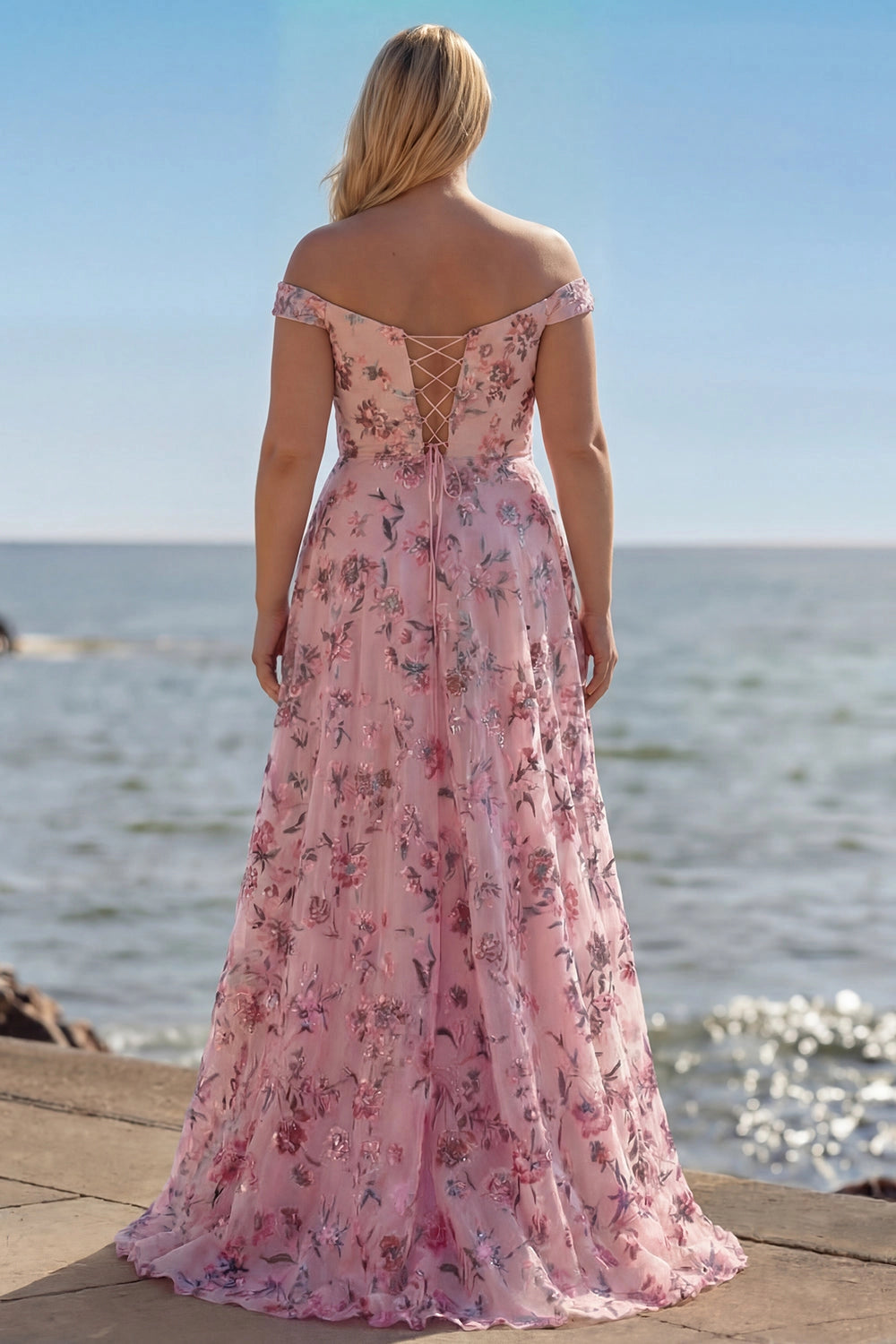 Romantic Plus Size Floral A-Line Off-Shoulder Short Sleeve Lace-Up Back Long Wedding Guest Dress