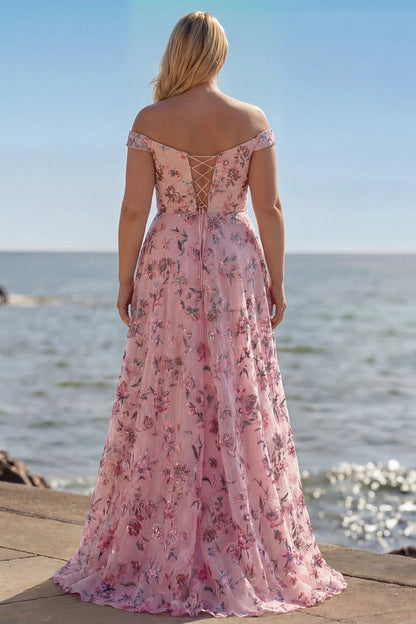 Romantic Plus Size Floral A-Line Off-Shoulder Short Sleeve Lace-Up Back Long Wedding Guest Dress