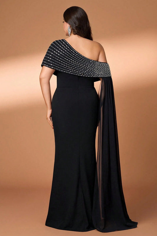 Back view Roselledress black plus size mermaid prom dress open back beaded cape with chiffon trailing sash
