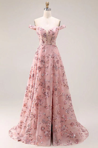 Romantic Plus Size Floral A-Line Off-Shoulder Short Sleeve Lace-Up Back Long Wedding Guest Dress