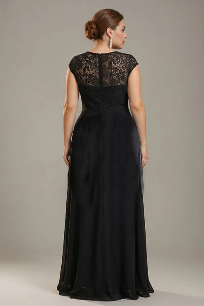 Back view Vedress black plus size lace cap sleeve a-line prom dress chiffon formal gown
