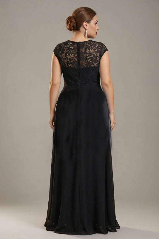 Back view Roselledress black plus size lace cap sleeve a-line prom dress chiffon formal gown