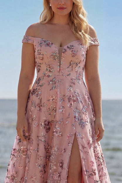 Romantic Plus Size Floral A-Line Off-Shoulder Short Sleeve Lace-Up Back Long Wedding Guest Dress