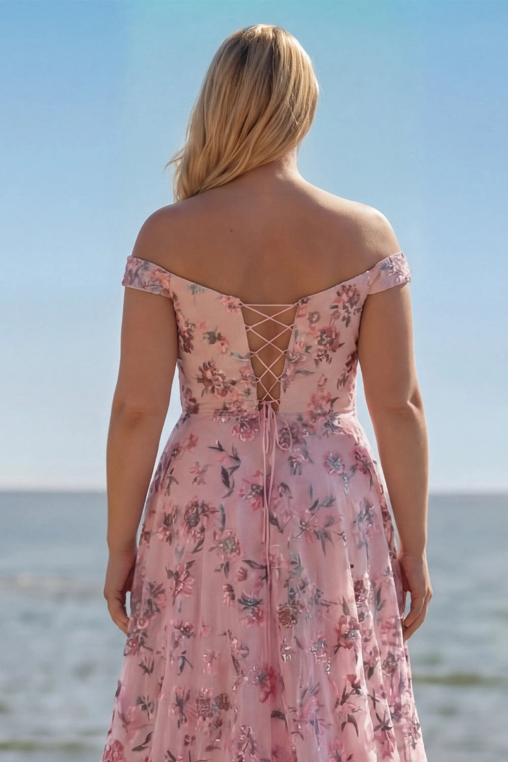 Romantic Plus Size Floral A-Line Off-Shoulder Short Sleeve Lace-Up Back Long Wedding Guest Dress