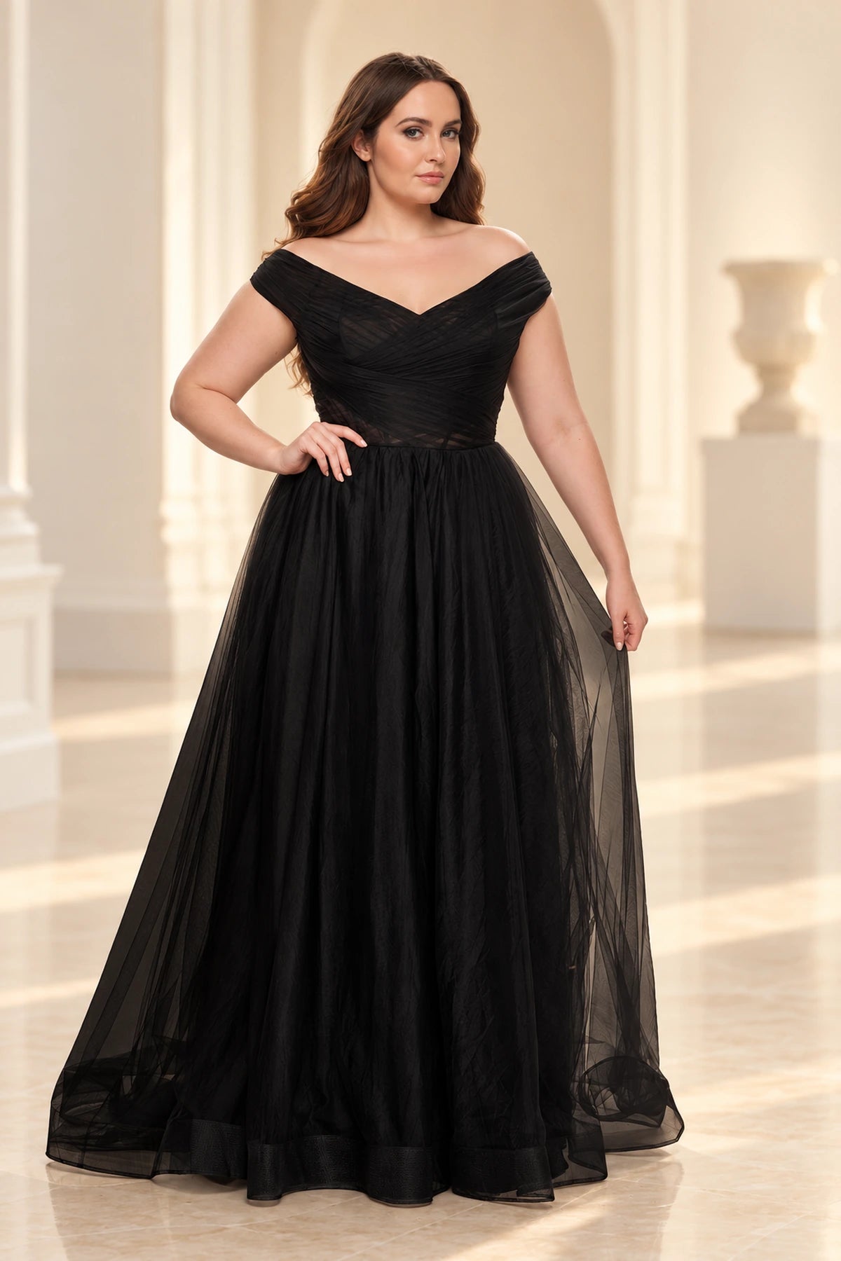 Plus Size Romantic Tulle A-Line V-Neck Cap-Sleeve Illusion-Back Floor-Length Prom Dress