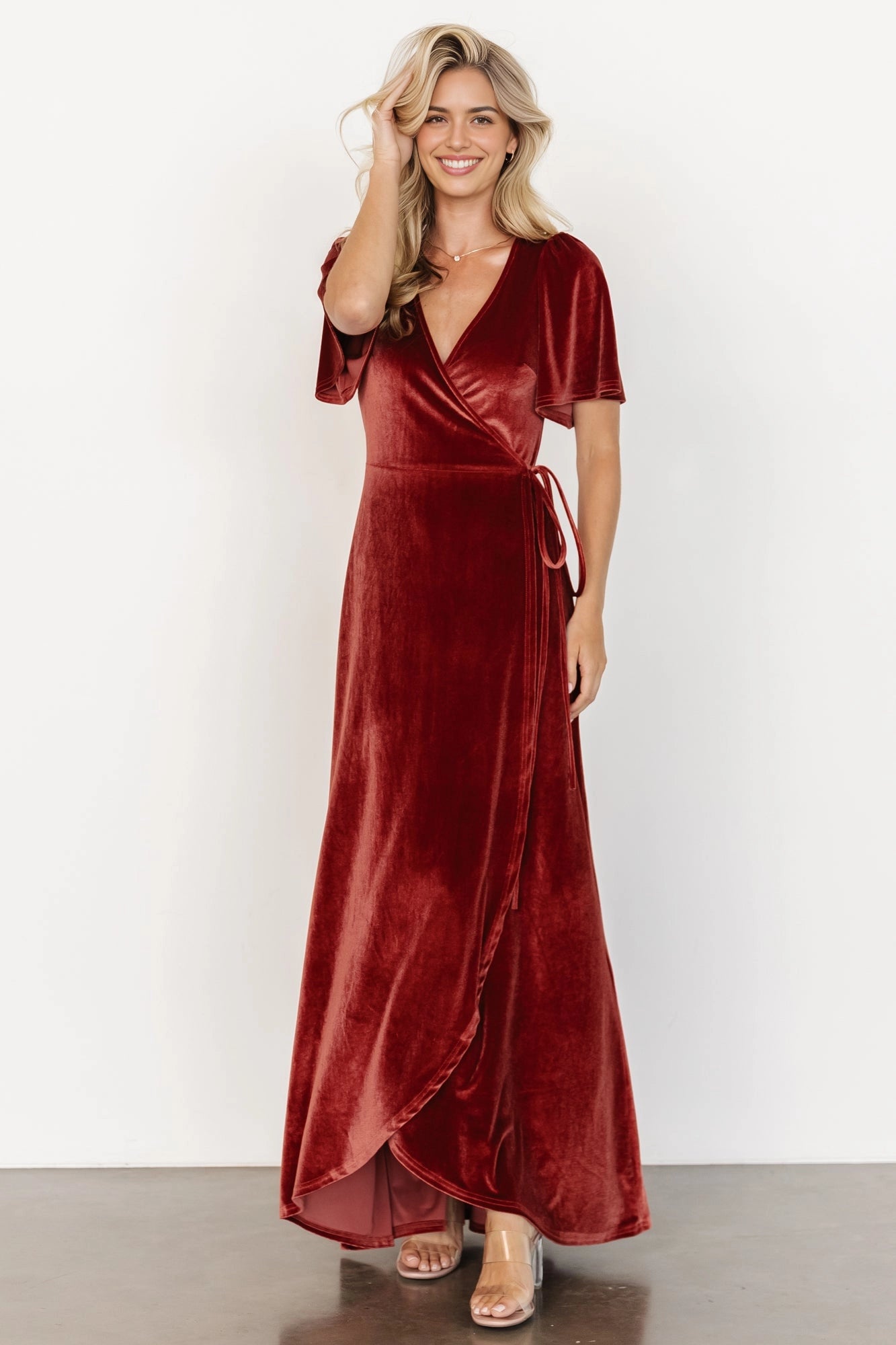 Soft A‑line V‑Neck Flutter Sleeve Closed‑Back Maxi Mother Of Bride Dress