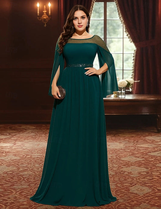 Roselledress emerald chiffon mother of the bride dress bateau cape sleeve beaded waist floor length front view