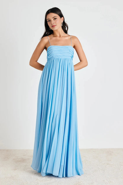roselledress soft pastel baby blue natural crinkle textured chiffon ultra thin spaghetti straight square neck horizontal bust ruched empire waist flow wide A line maxi bridesmaid gown plain white studio full front shot
