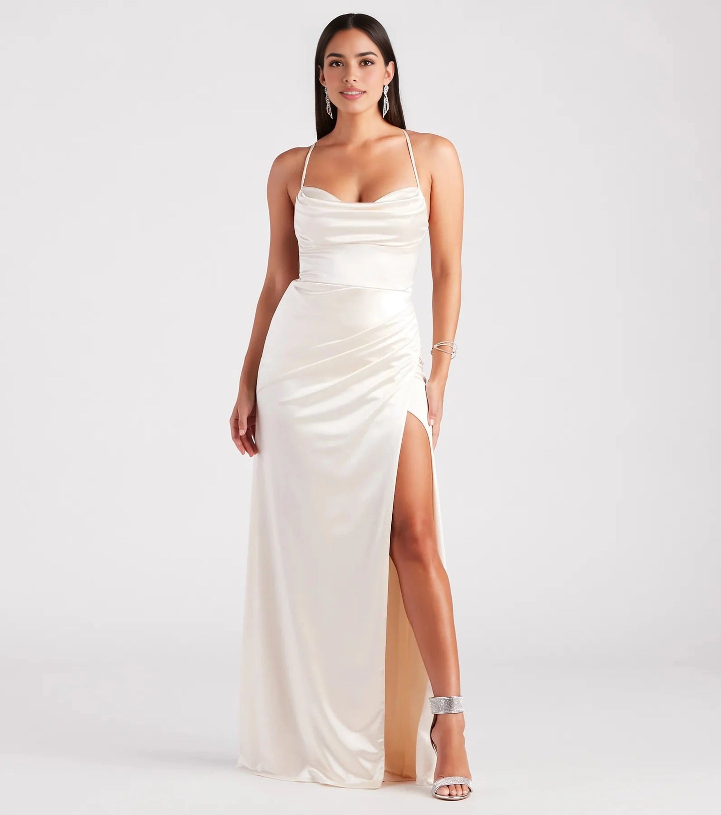 Slim Maxi Spaghetti Lace-Up Back Ruched Long Prom Dress