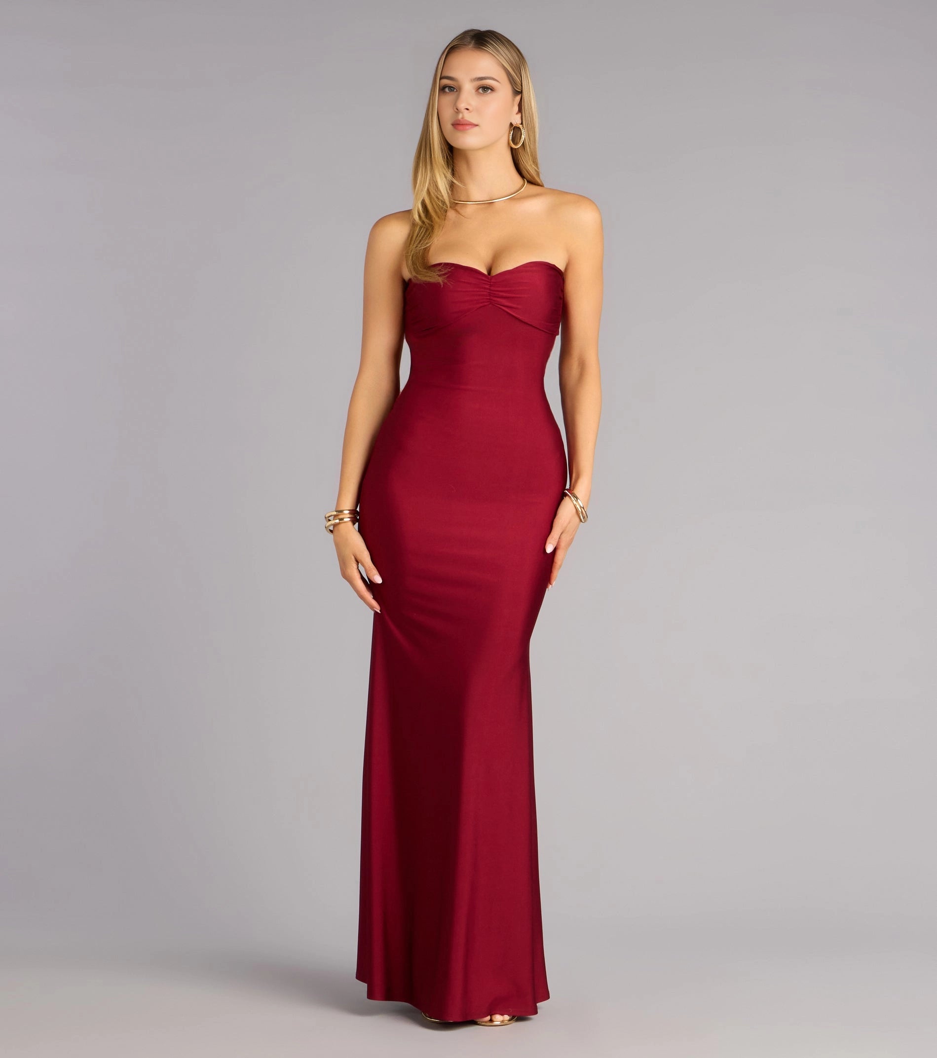 RoselleDress Burgundy Stretch Satin Strapless Sweetheart Mermaid Maxi Bridesmaid Dress For Fall Wedding Guest