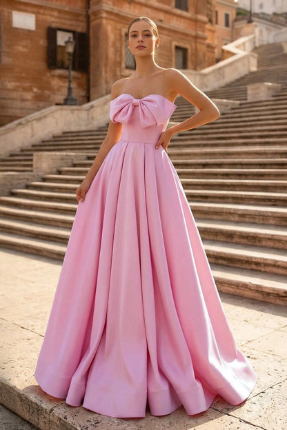roselledress bubble pink satin strapless big bow a-line floor length prom formal gown