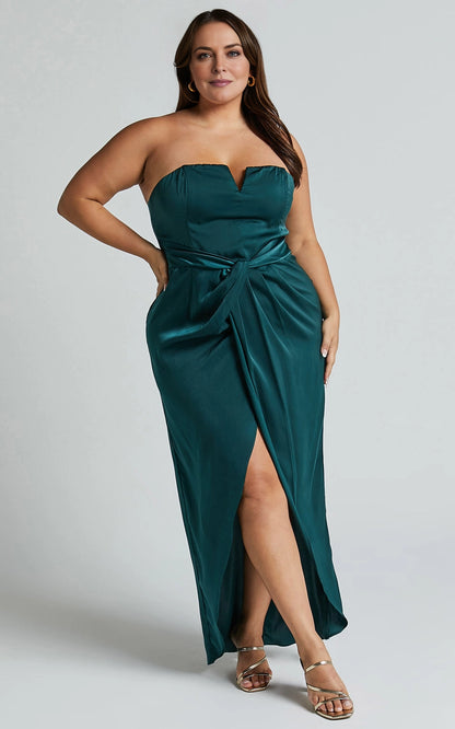 Halter Cross Back Ruched Waist Satin Midi Plus Size Bridesmaid Dress
