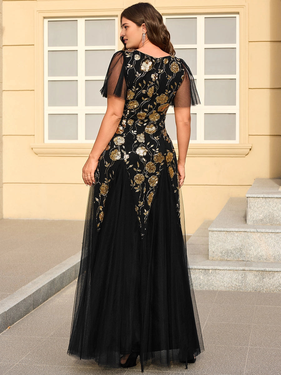 Roselledress Champagne A-line V-Neck Flutter Sleeve Zipper Back Floor Length Plus Size Wedding Guest Dress 