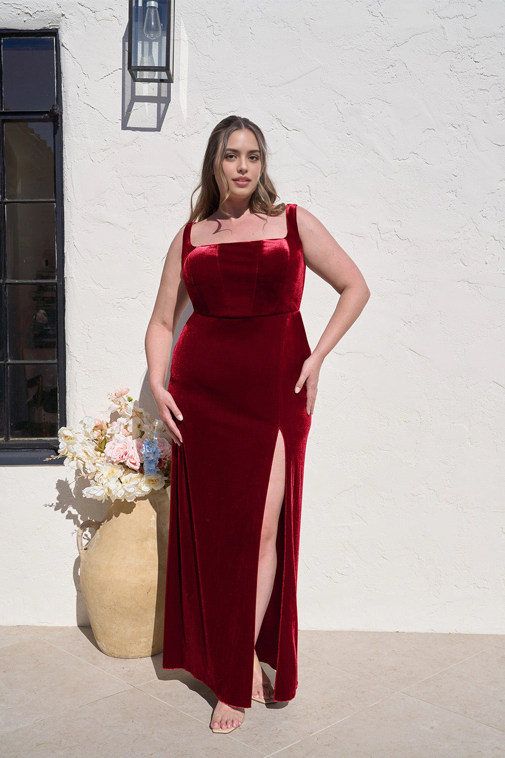 Elegant Sheath Square Neck Sleeveless Scoop Back Long Plus Size Wedding Guest Dress