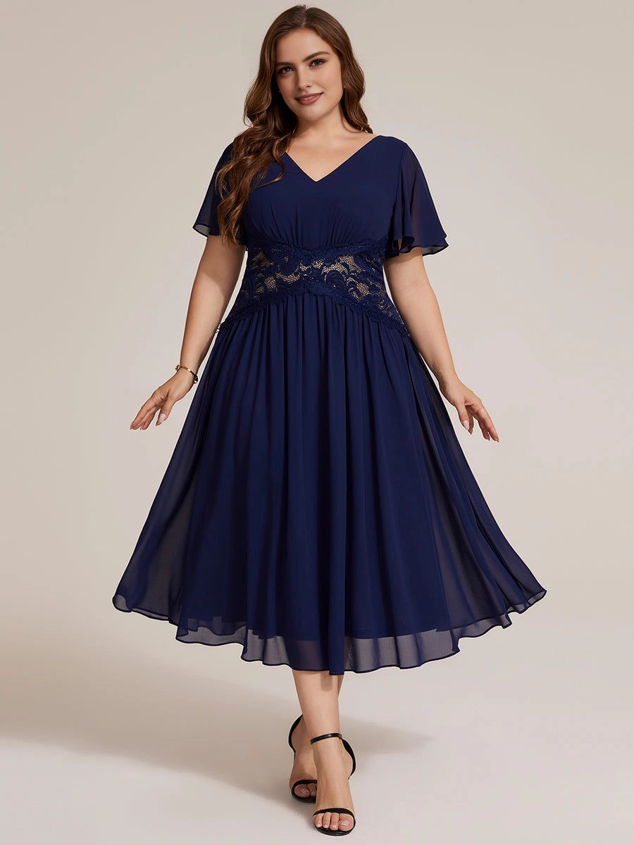 Dark Brown Chiffon Lace Flutter Sleeve Midi Plus Size Mother of the Bride Dress