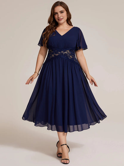 Dark Brown Chiffon Lace Flutter Sleeve Midi Plus Size Mother of the Bride Dress