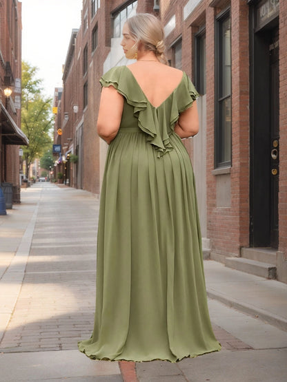 Back view RoselleDress sage green curvy chiffon formal dress ruffle cap sleeve deep v ruffle back zipper floor length a-line bridesmaid dress
