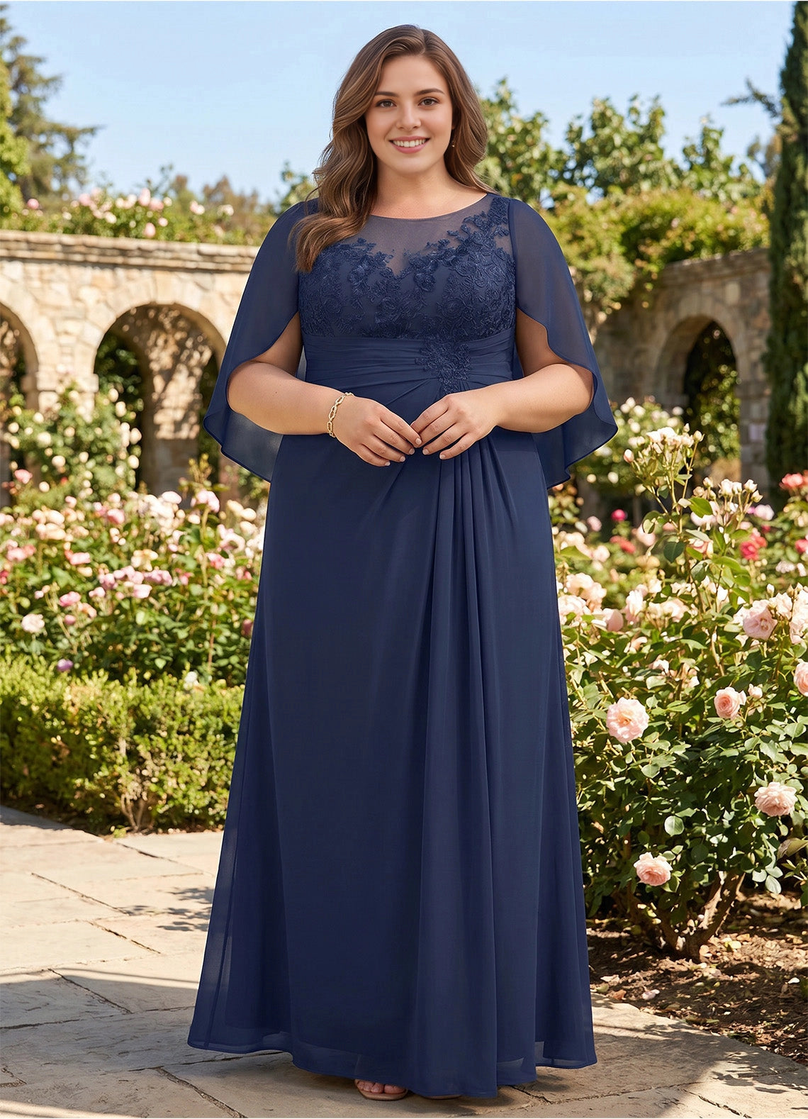roselledress navy plus size mother of bride maxi dress illusion neck cape sleeve lace chiffon formal gown
