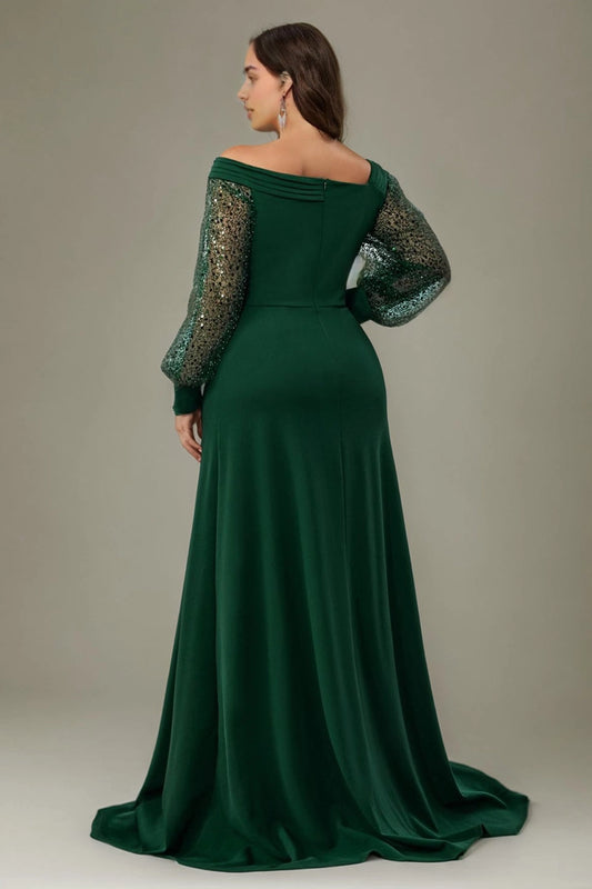 Back view Roselledress forest green plus size sequin sleeve off shoulder mermaid prom dress formal gown