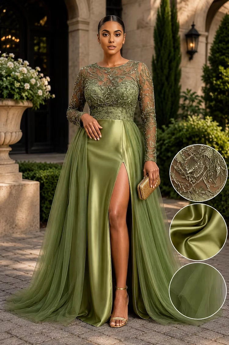Roselledress Elegant A-Line Round Neck Long Sleeve Back Zipper Beaded Tulle Satin Plus Size Prom Dress