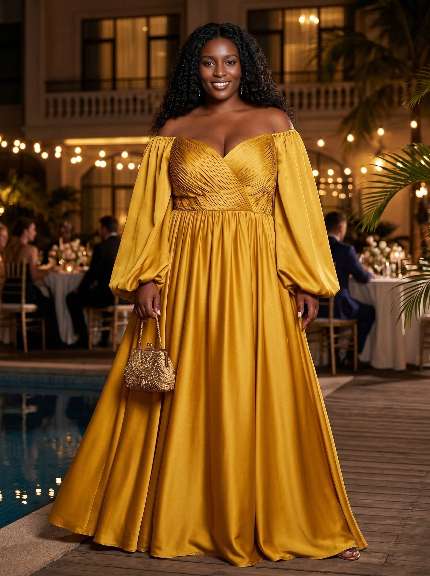 roselledress mustard yellow satin off the shoulder long balloon sleeve a‑line plus‑size prom dress front view