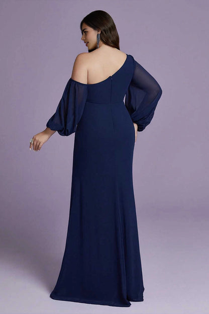 dress plus size navy chiffon formal dress solid back asymmetric long sleeve evening gown