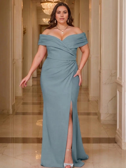 Gorgeous Mermaid Off‑The‑Shoulder Sleeveless Ruched Zipper Back Floor Length Plus Size Prom Dress