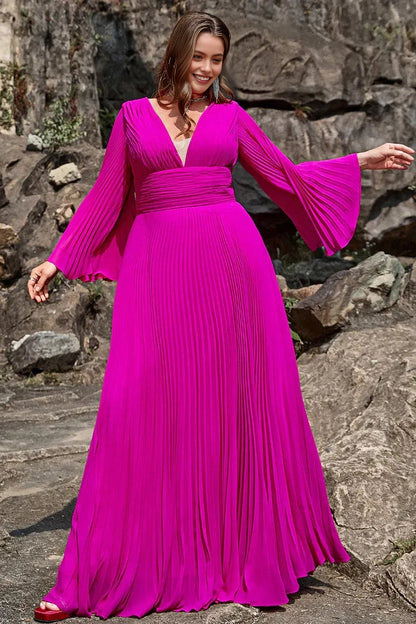 Stunning A‑Line V‑Neck Bell‑Sleeve Deep‑V‑Back Floor‑Length Plus Size Wedding Guest Dress