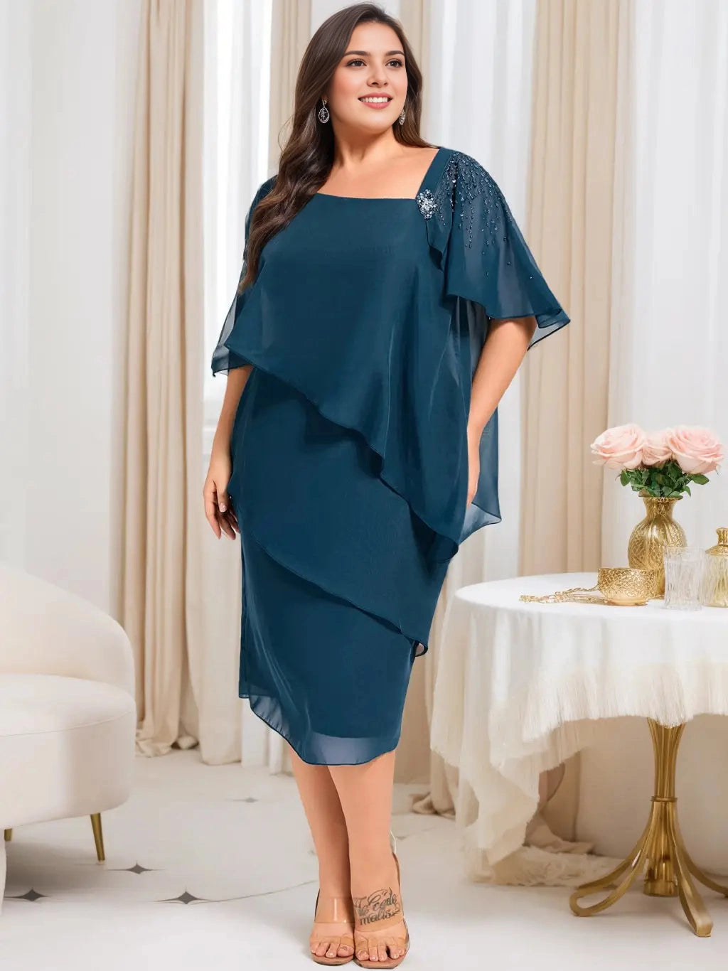 Roselledress teal plus size square neck layered chiffon mother dress beaded flutter sleeve knee length formal midi gown