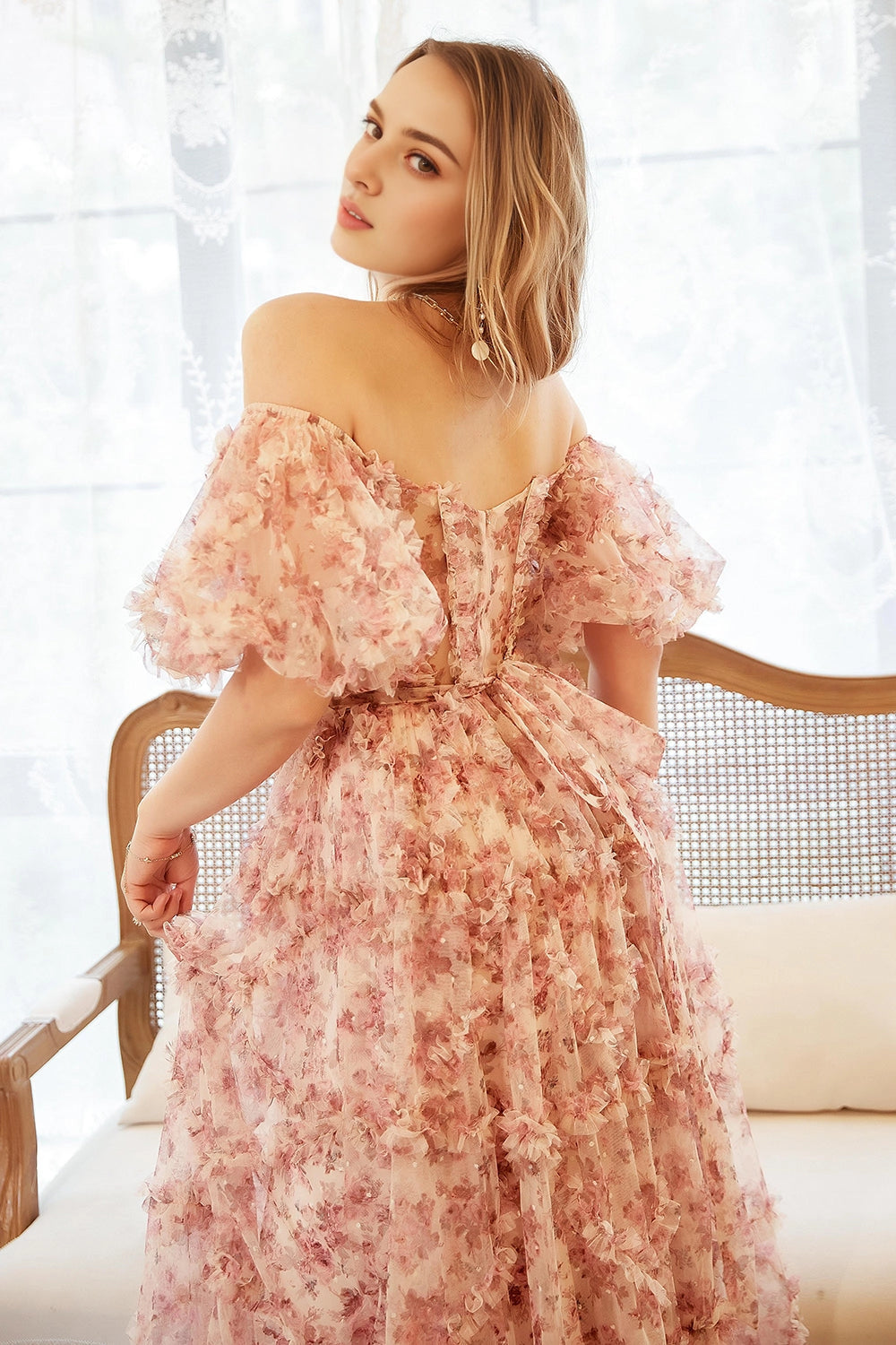 Dusty‑Pink Plus‑Size A‑Line Off‑Shoulder Puff‑Sleeve Zipper‑Back Floor‑Length Prom Dress 