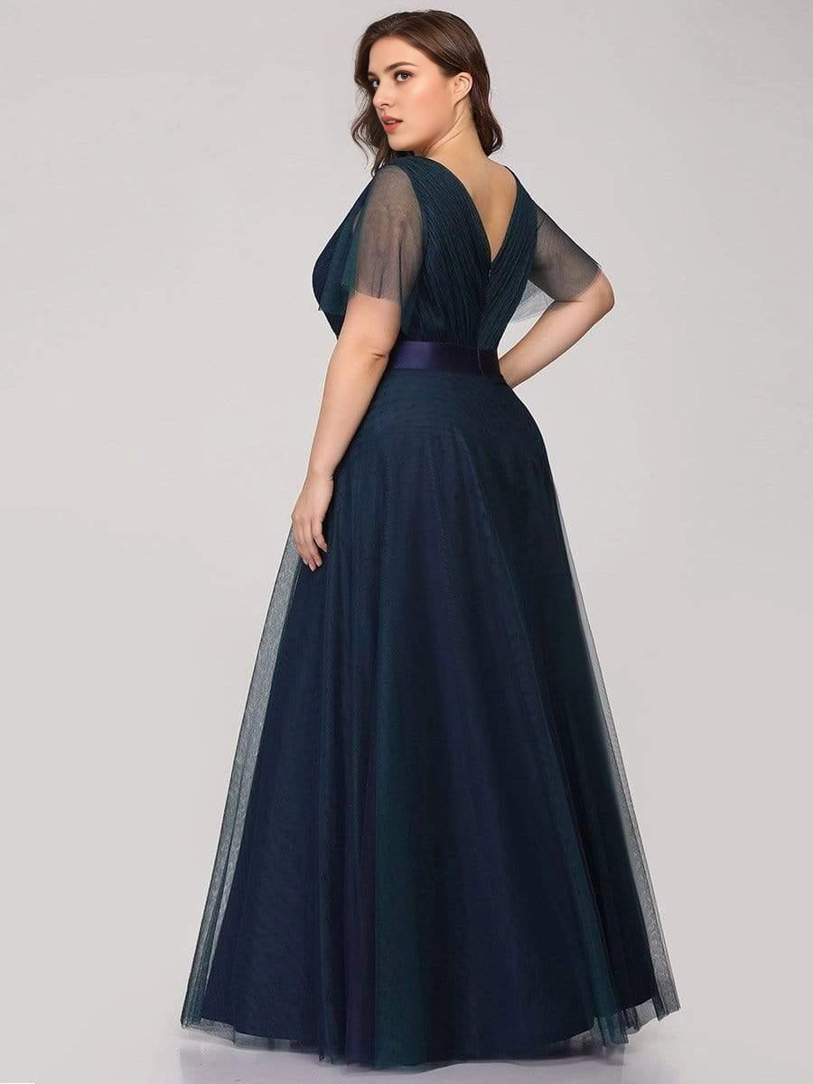 Roselledress Soft A-Line V-Neck Flutter-Sleeve V-Zip-Back Floor-Length Plus Size Weeding Guest Dress
