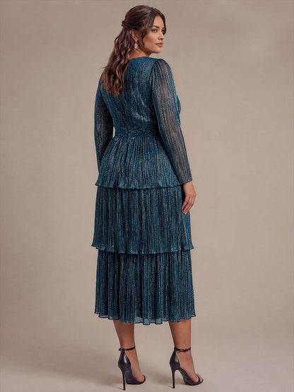 Roselledress Metallic‑Shimmer Tiered Ruffle Sleeve Maxi Plus Size Wedding Guest Dress