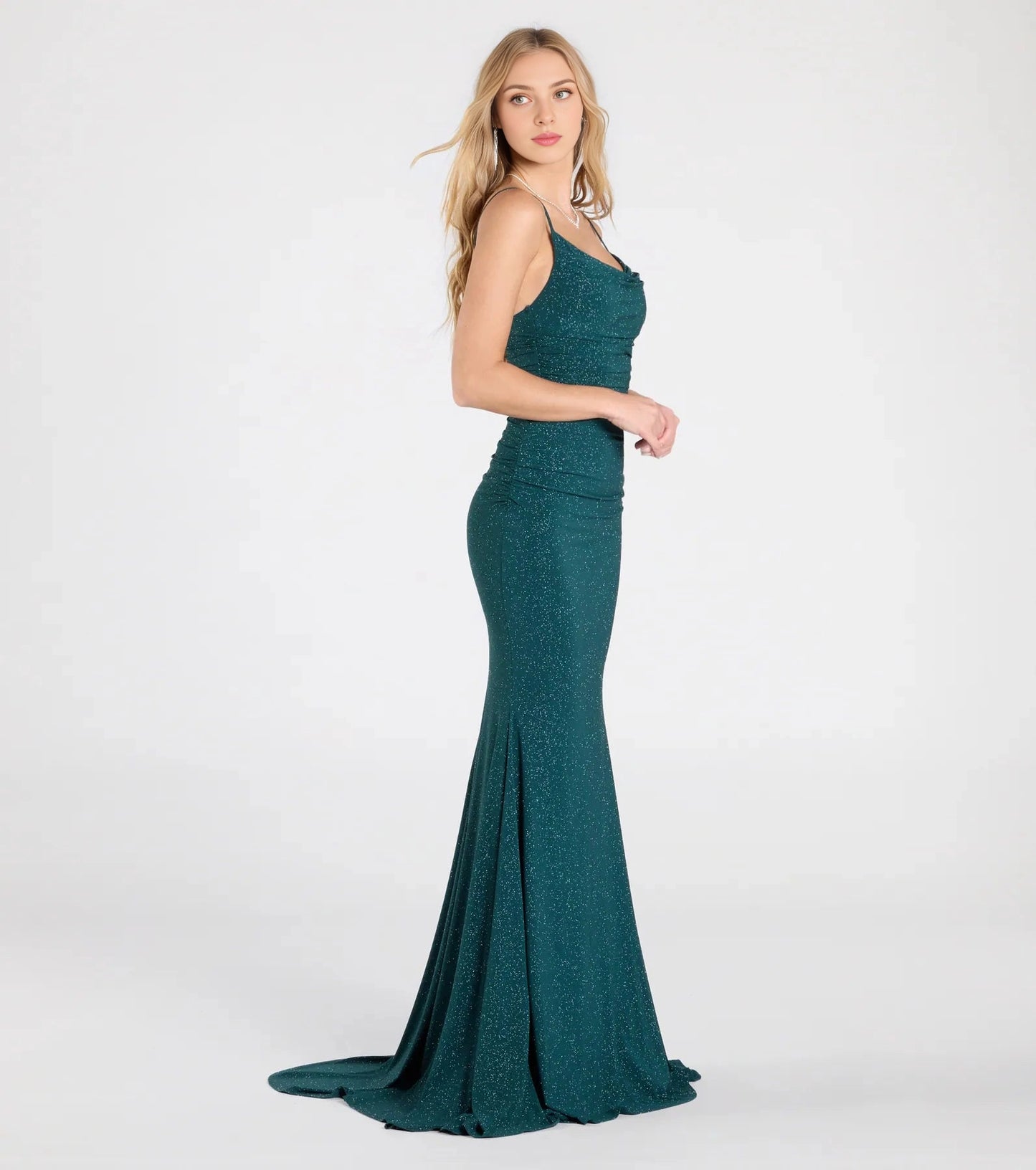 Roselledress Sparkle Mermaid Cowl Spaghetti Strap Zip-Back Train Maxi Plus Size Prom Dress