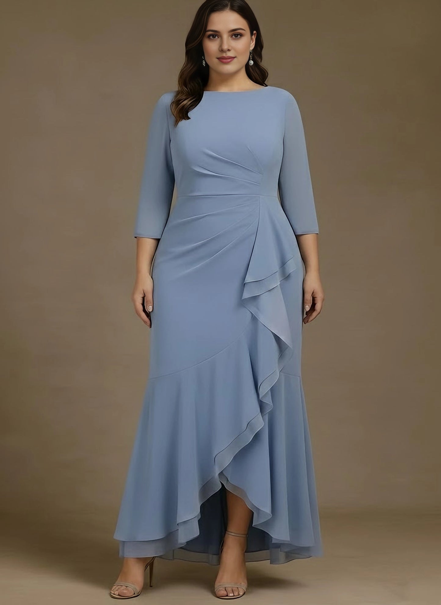 roselledress dusty blue plus size mother of the bride floor mermaid dress boat neck 3/4 sleeve ruched waist asymmetrical ruffle chiffon formal wedding gown