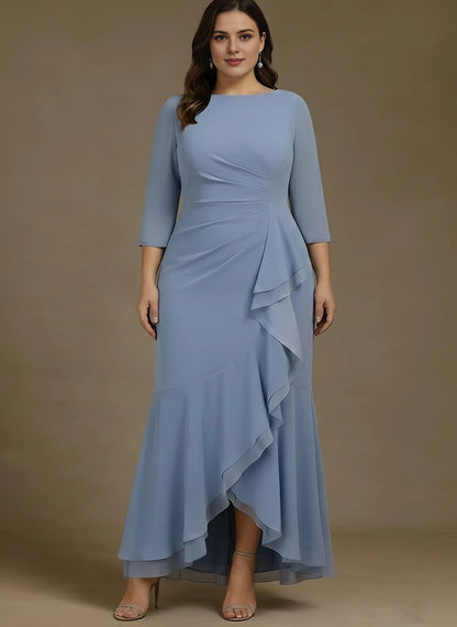 roselledress dusty blue plus size mother of the bride floor mermaid dress boat neck 3/4 sleeve ruched waist asymmetrical ruffle chiffon formal wedding gown