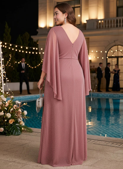 Roselledress mauve glitter evening gown back view, deep v-back zipper closure plus size wedding guest maxi dress