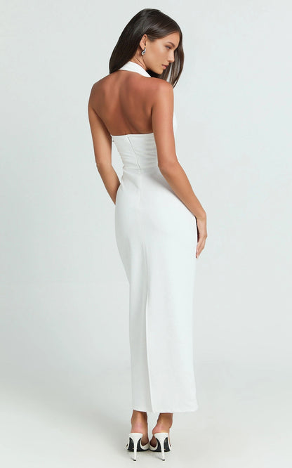 Roselledress halter formal dress plus size deep open back invisible zipper slit midi wedding guest dress back view
