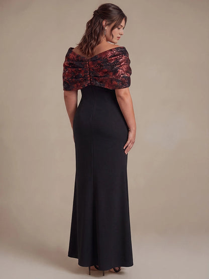 roselledress plus size black mermaid evening dress off shoulder glitter bow short sleeves button closure back full length formal gown back view