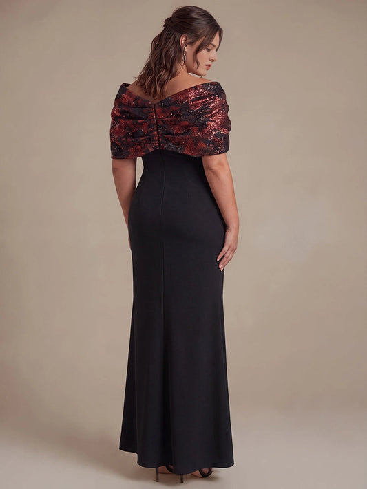 roselledress plus size black mermaid evening dress off shoulder glitter bow short sleeves button closure back full length formal gown back view