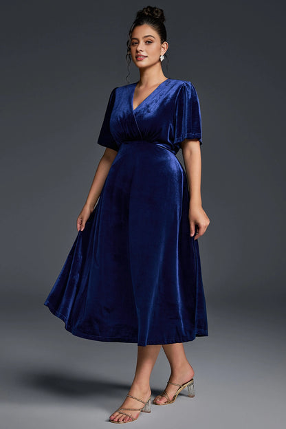 Luxurious A-Line V-Neck Short-Sleeve Solid-Back Midi-Length Plus Size Mother Of Bride Dress