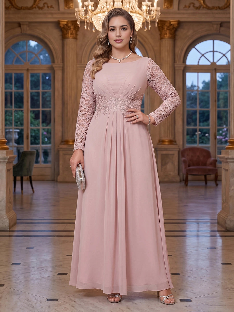 RoselleDress dusty pink plus size mother of the bride dress bateau neck long lace sleeve lace waist chiffon formal gown
