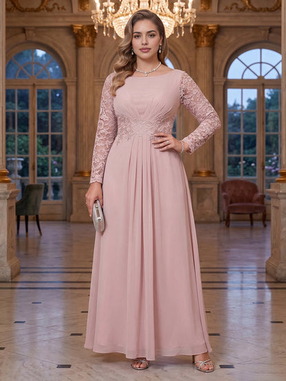 RoselleDress dusty pink plus size mother of the bride dress bateau neck long lace sleeve lace waist chiffon formal gown
