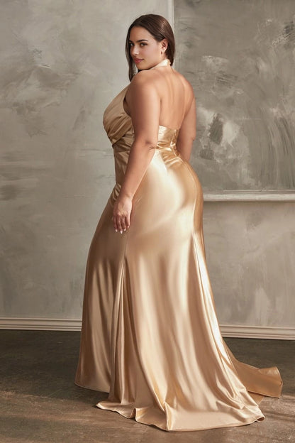 back view Roselledress curvy gold satin open back plus size wedding guest maxi dress hidden zip