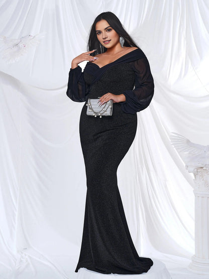 Elegant Mermaid Off‑Shoulder Long‑Sleeve Closed‑Back Floor‑Length Plus Size Wedding Guest Dress