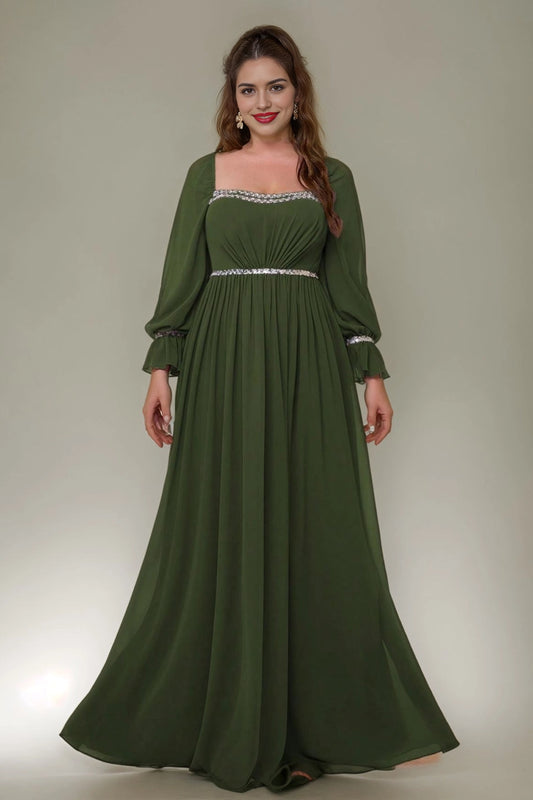 Roselledress olive green plus size a‑line prom dress square neck long sleeve beaded chiffon evening gown