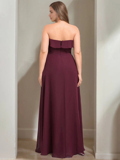 Back view RoselleDress wine red curvy chiffon dress strapless fold ruffle straight back hidden zipper floor length bridesmaid gown