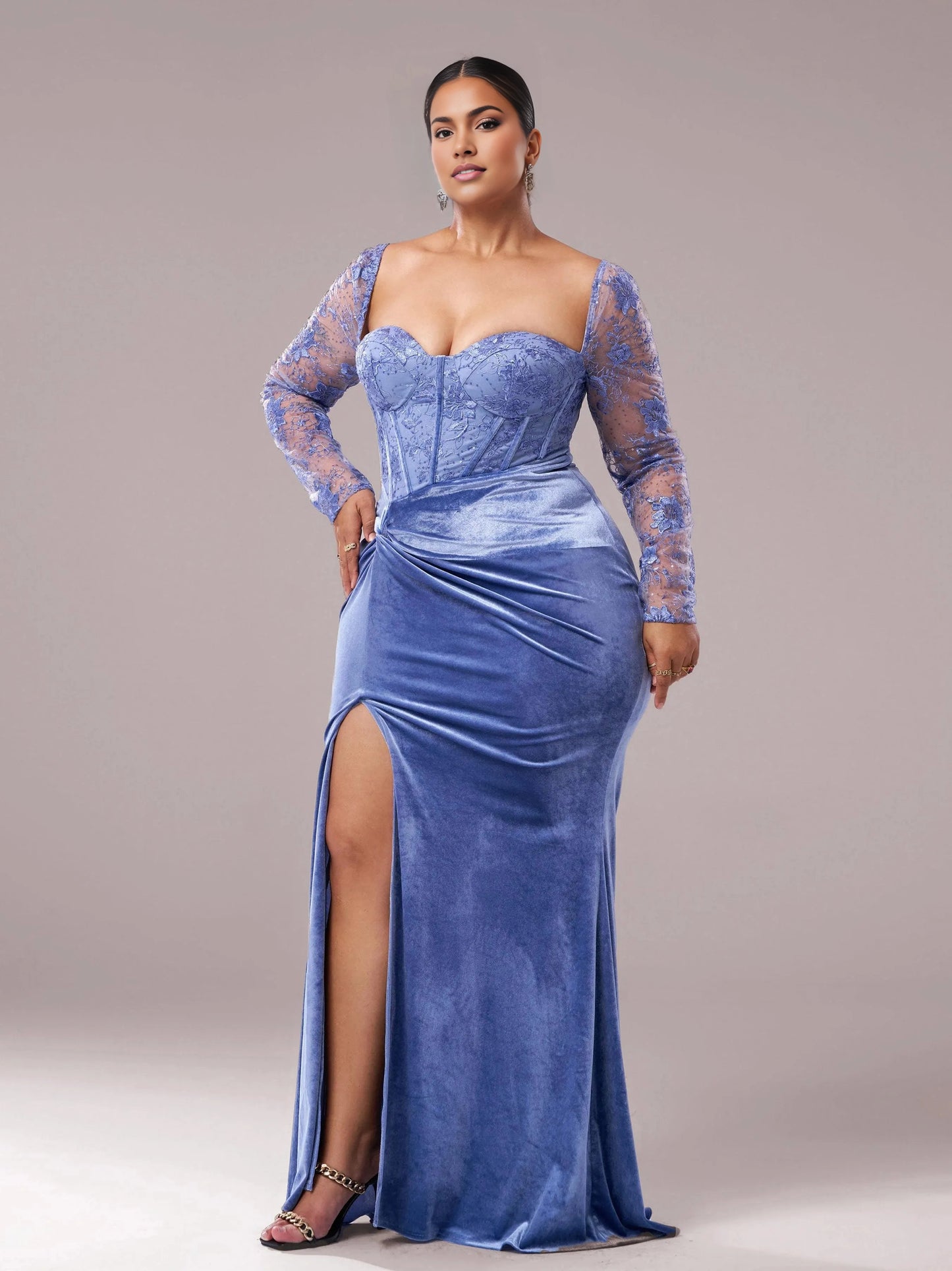 Luxurious Mermaid Sweetheart Long‑Sleeve Lace‑Up‑Back Floor‑Length Plus Size Prom Dress