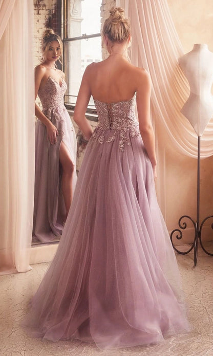 Roselledress floral lace prom dress corset lace up back high slit glitter tulle floor length back view